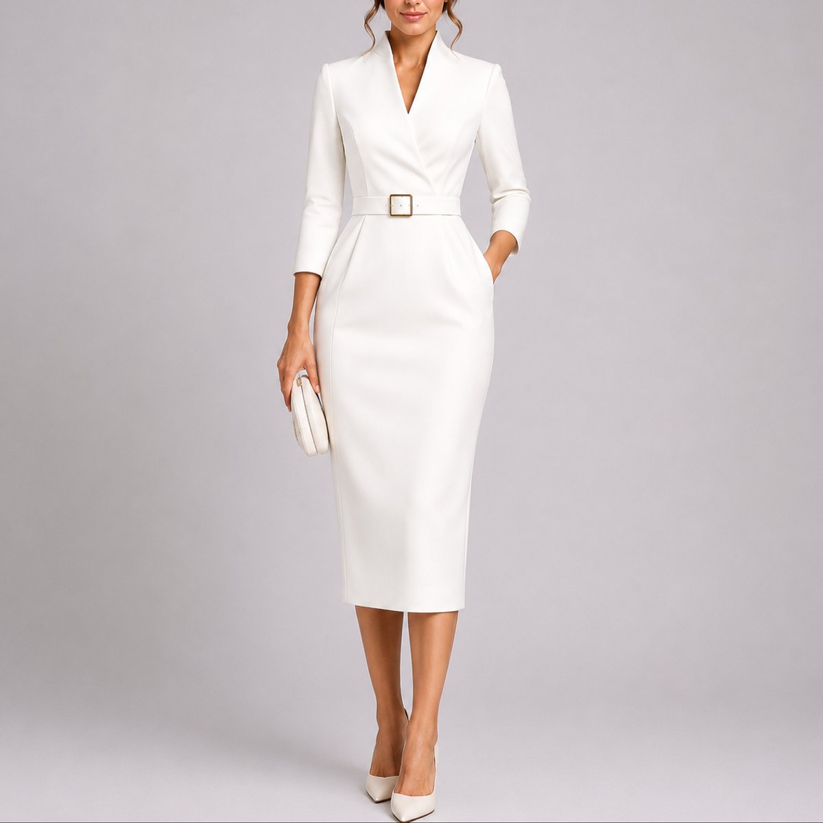 Women's Belted Bodycon V-Neck Midi Christmas Party Dress