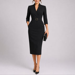 Women's Belted Bodycon V-Neck Midi Christmas Party Dress