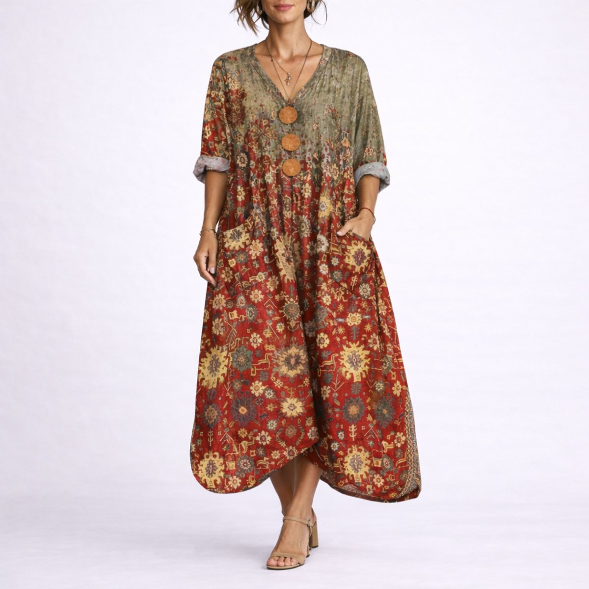 Women's Bohemian Maxi Fall Wedding Guest Dress Flowy Kaftan