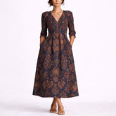 Charlotte | Women's Fall Wedding Guest Dresses Floral Linen Maxi Dress V-Neck
