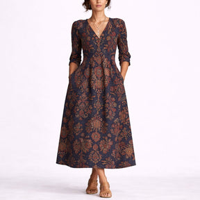 Women's Fall Wedding Guest Dresses Floral Linen Maxi V-Neck