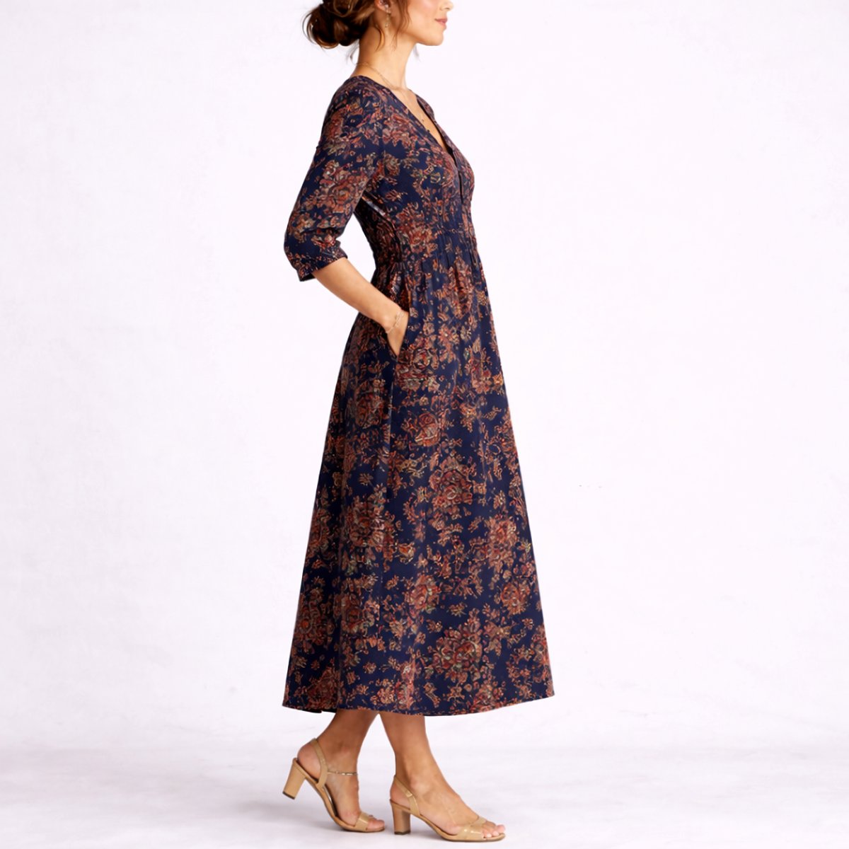 Women's Fall Wedding Guest Dresses Floral Linen Maxi V-Neck