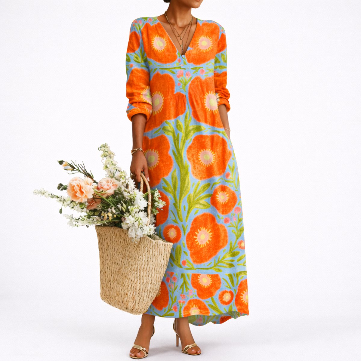 Women's Fall Wedding Guest Dresses Floral Long-Sleeve Maxi Dress