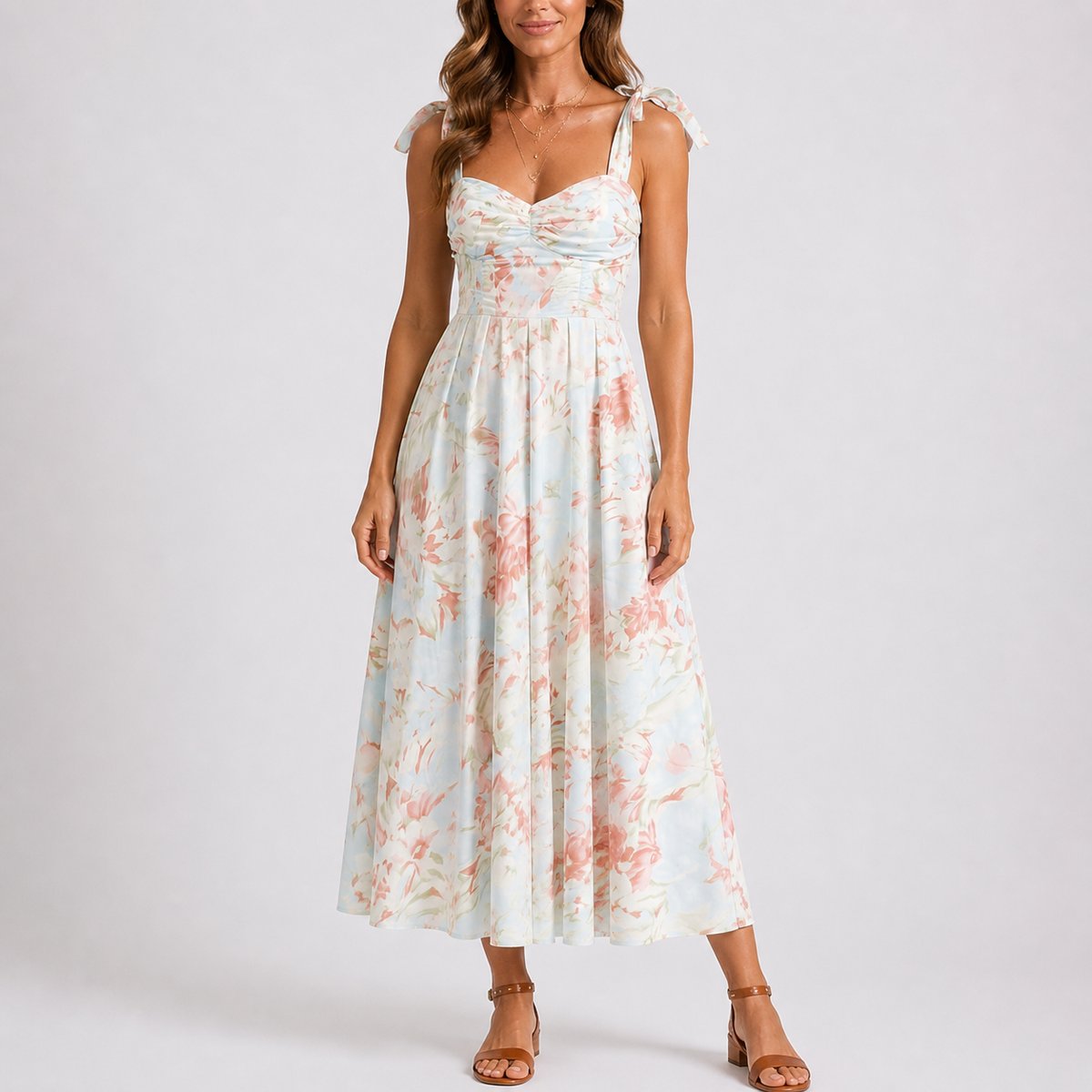 Women's Fall Wedding Guest Dresses Floral Ruched Tie-Shoulder Midi Dress