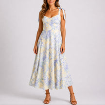 Women's Floral Ruched Tie-Shoulder Midi Dress