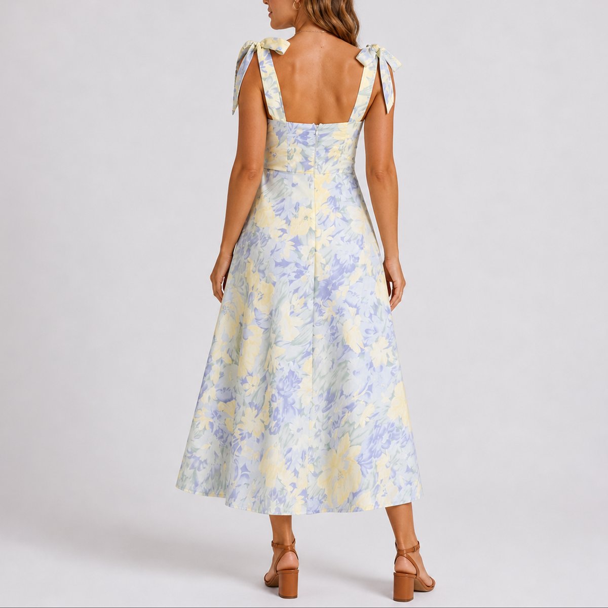 Women's Floral Ruched Tie-Shoulder Midi Dress