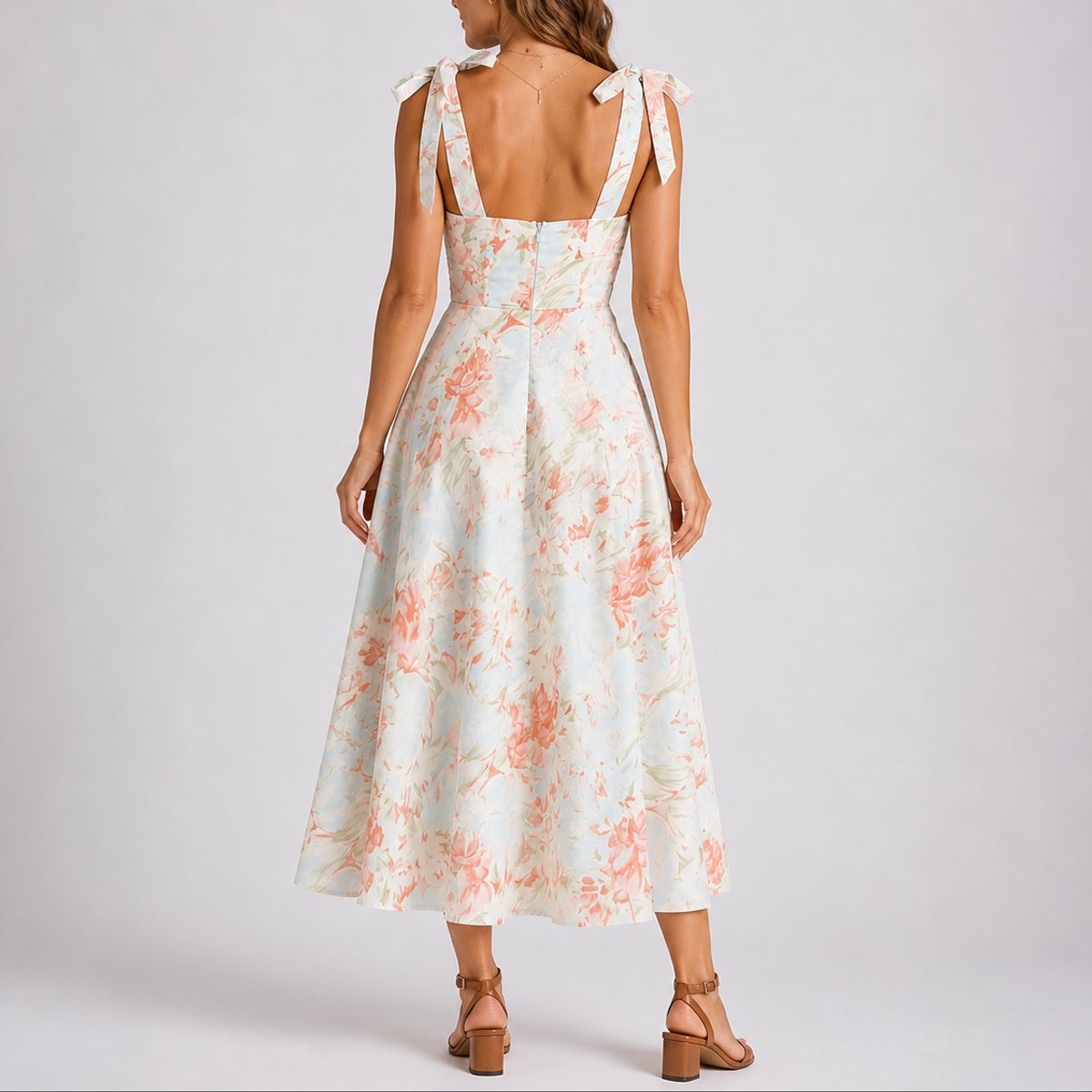 Women's Floral Ruched Tie-Shoulder Midi Dress