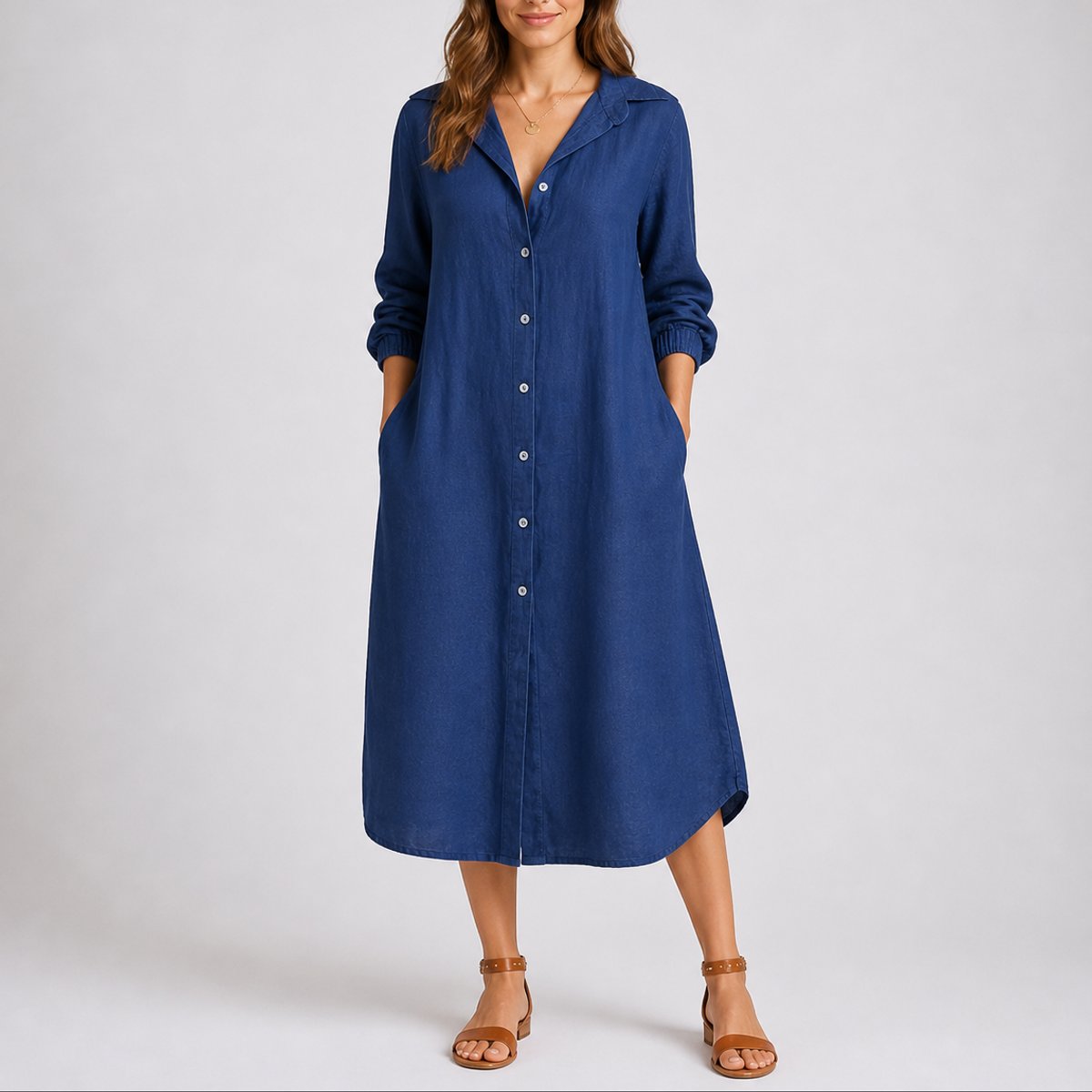 Women's Fall Wedding Guest Dresses Long-Sleeve Button-Front Midi Shirt Dress