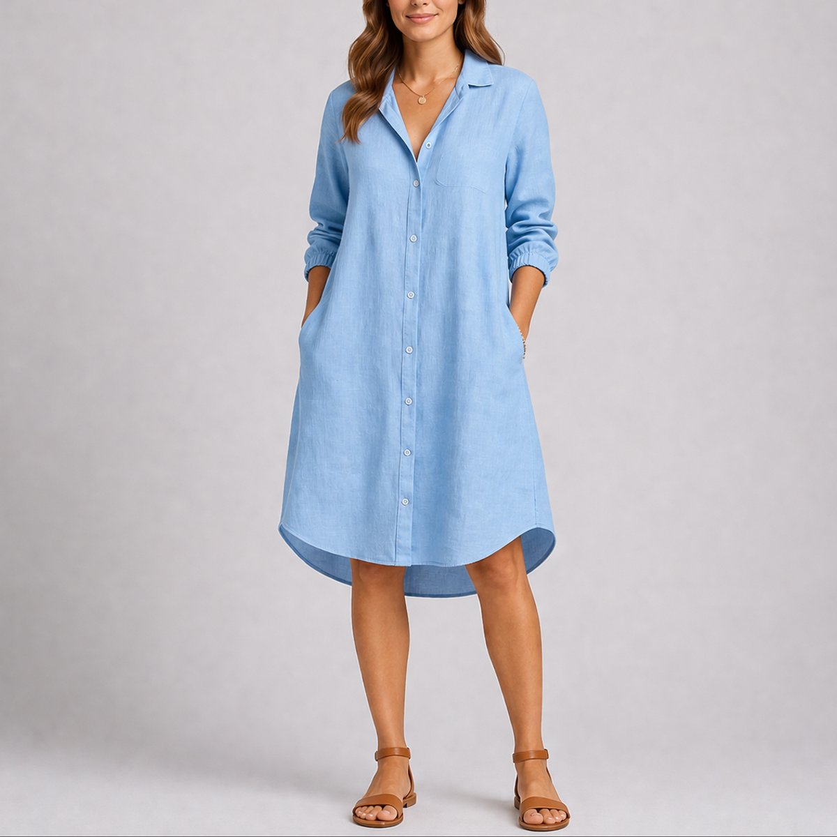 Women's Fall Wedding Guest Dresses Long-Sleeve Button-Front Midi Shirt Dress