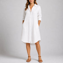 Women's Fall Wedding Guest Dresses Long-Sleeve Button-Front Midi Shirt Dress