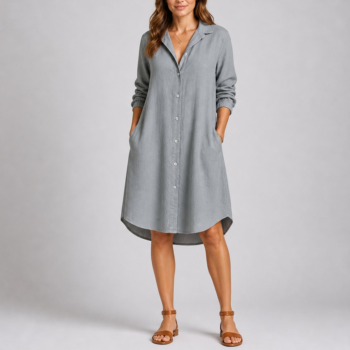 Women's Fall Wedding Guest Dresses Long-Sleeve Button-Front Midi Shirt Dress