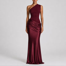 Women's Fall Wedding Guest Dresses One Shoulder Satin Maxi Gown