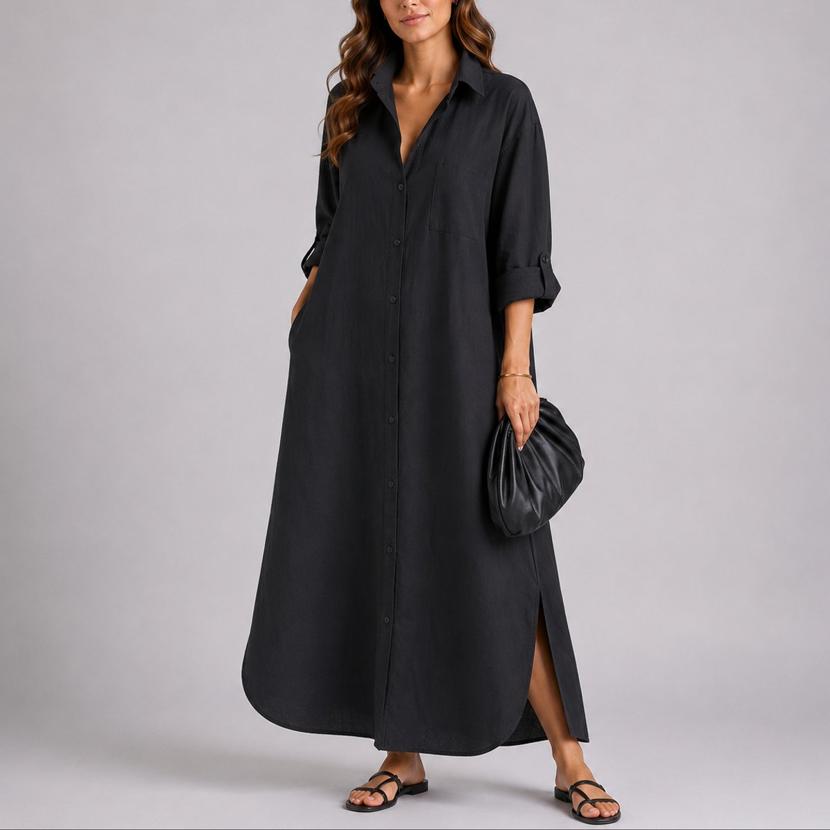 Women's Fall Wedding Guest Dresses Oversized Linen Shirt Maxi Dress