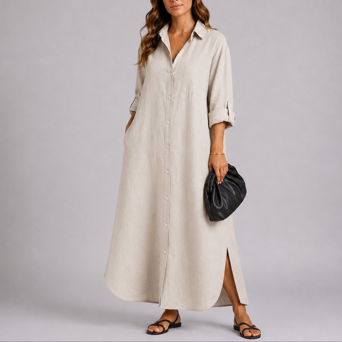 Women's Fall Wedding Guest Dresses Oversized Linen Shirt Maxi Dress