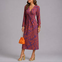 Women's Fall Wedding Guest Floral Twist-Front Long Sleeve Midi Dress