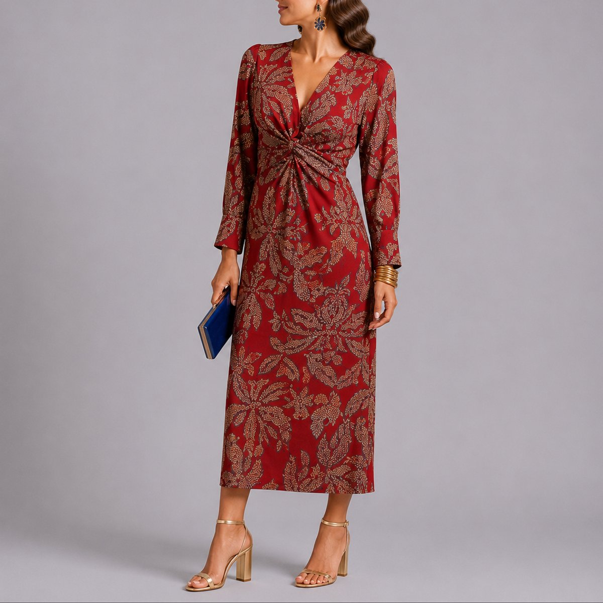 Women's Fall Wedding Guest Floral Twist-Front Long Sleeve Midi Dress