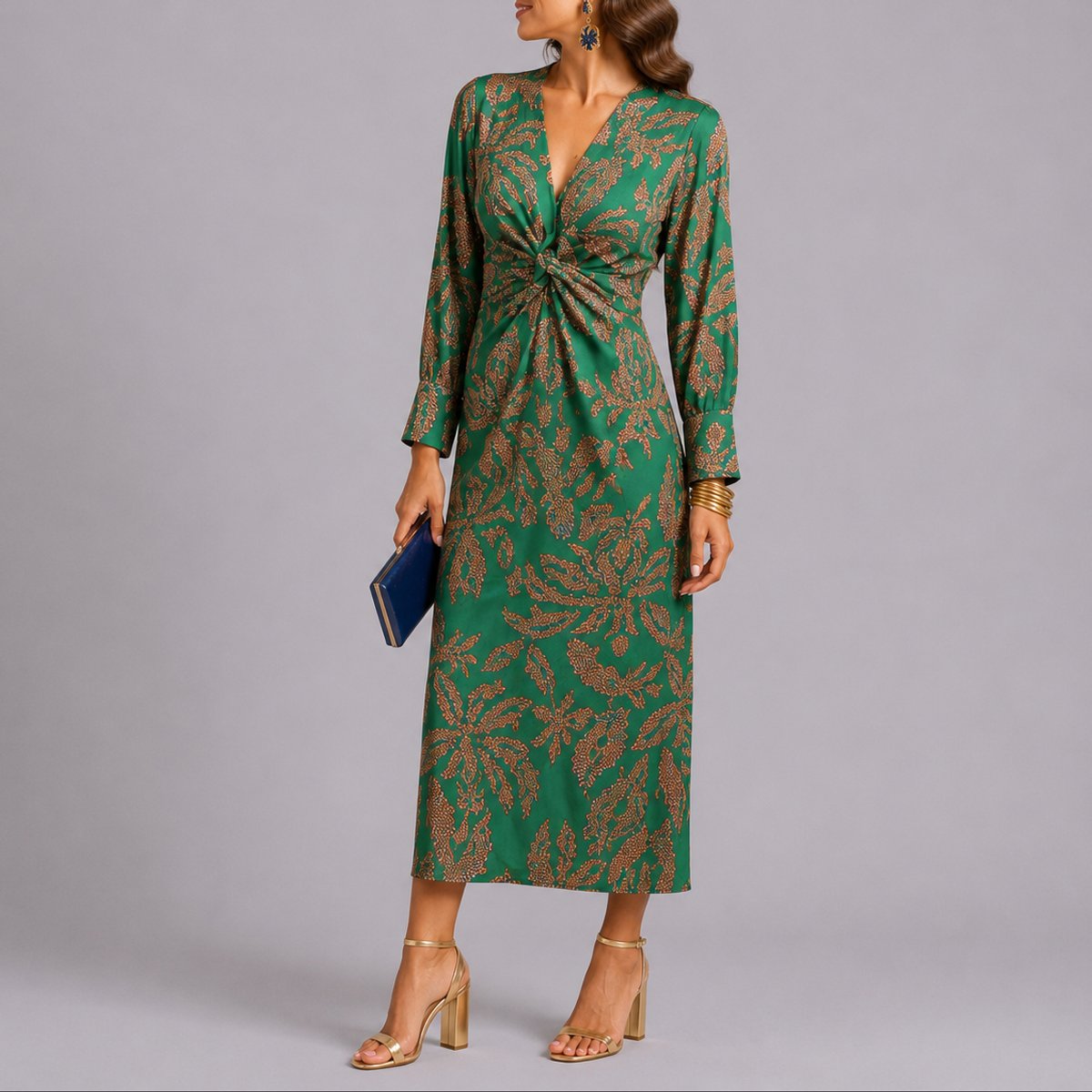 Women's Fall Wedding Guest Floral Twist-Front Long Sleeve Midi Dress