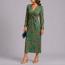 Women's Fall Wedding Guest Floral Twist-Front Long Sleeve Midi Dress