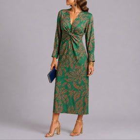 Women's Fall Wedding Guest Floral Twist-Front Long Sleeve Midi Dress