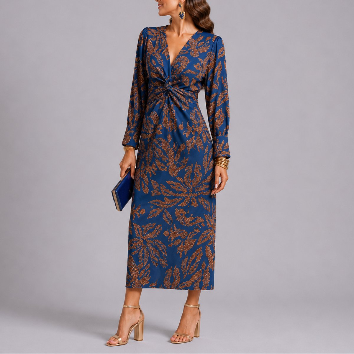 Women's Fall Wedding Guest Floral Twist-Front Long Sleeve Midi Dress