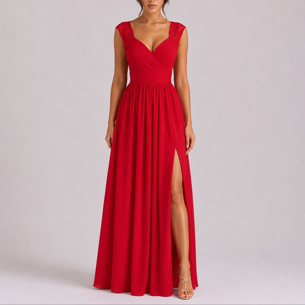 Women's Fall Wedding Guest Lace Shoulder V-Neck Chiffon Maxi Dress