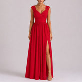 Women's Fall Wedding Guest Lace Shoulder V-Neck Chiffon Maxi Dress