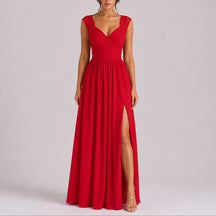 Women's Fall Wedding Guest Lace Shoulder V-Neck Chiffon Maxi Dress