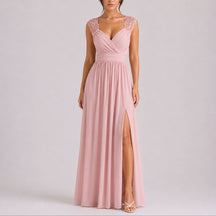 Women's Fall Wedding Guest Lace Shoulder V-Neck Chiffon Maxi Dress