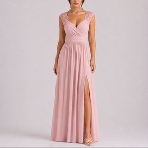 Women's Fall Wedding Guest Lace Shoulder V-Neck Chiffon Maxi Dress