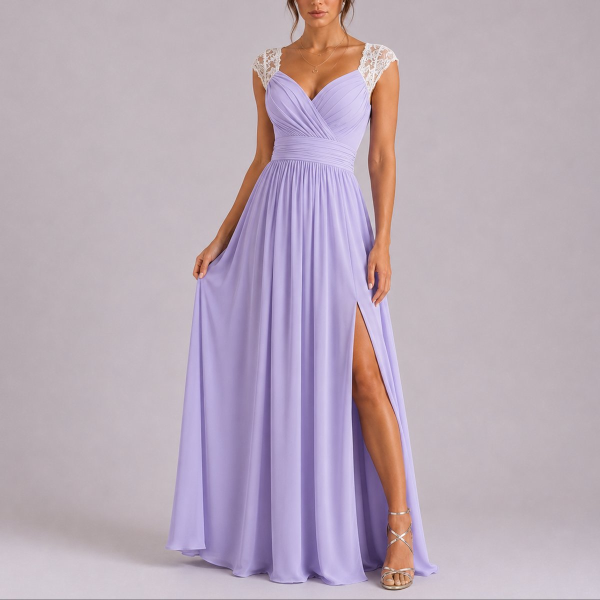 Women's Fall Wedding Guest Lace Shoulder V-Neck Chiffon Maxi Dress