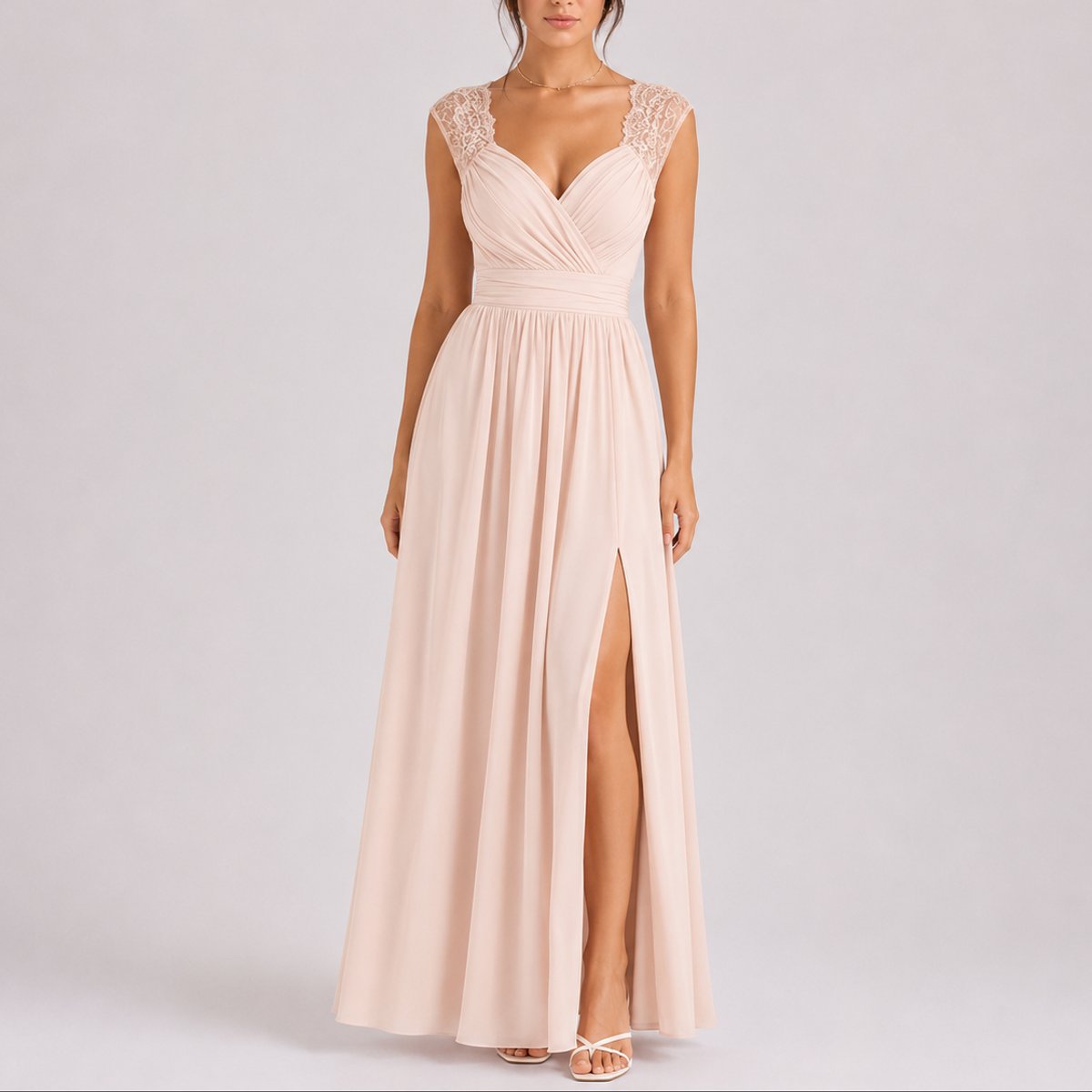 Women's Fall Wedding Guest Lace Shoulder V-Neck Chiffon Maxi Dress