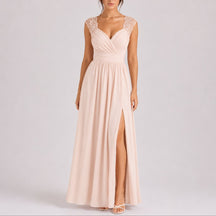 Women's Fall Wedding Guest Lace Shoulder V-Neck Chiffon Maxi Dress