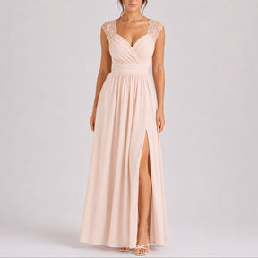 Women's Fall Wedding Guest Lace Shoulder V-Neck Chiffon Maxi Dress