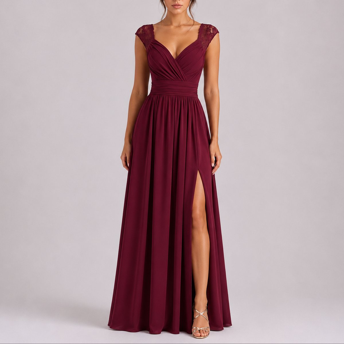 Women's Fall Wedding Guest Lace Shoulder V-Neck Chiffon Maxi Dress