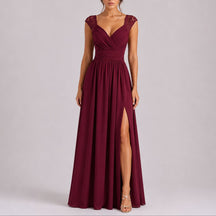Women's Fall Wedding Guest Lace Shoulder V-Neck Chiffon Maxi Dress