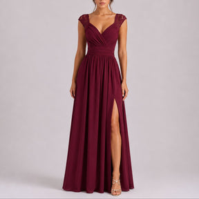 Women's Fall Wedding Guest Lace Shoulder V-Neck Chiffon Maxi Dress