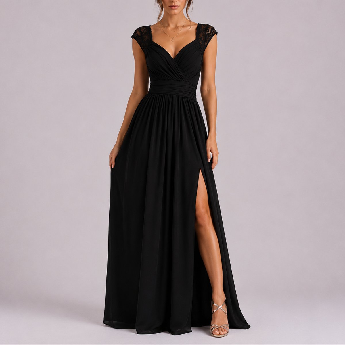 Women's Fall Wedding Guest Lace Shoulder V-Neck Chiffon Maxi Dress