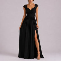 Women's Fall Wedding Guest Lace Shoulder V-Neck Chiffon Maxi Dress