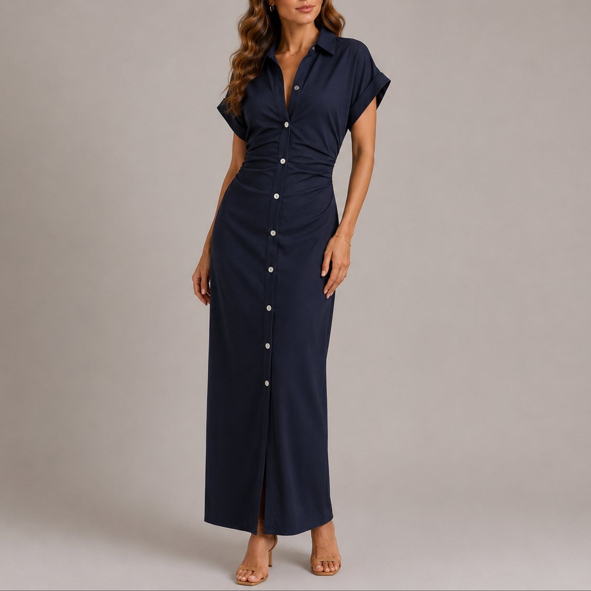 Women's Fall Wedding Guest Maxi Shirt Dress Ruched Button-Down