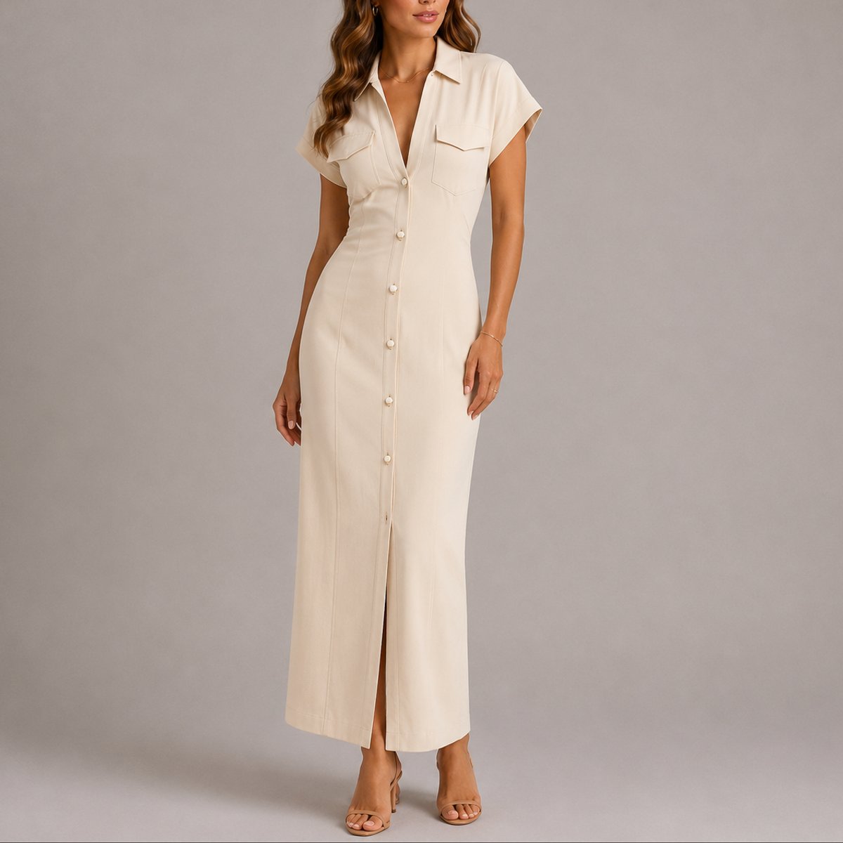 Women's Fall Wedding Guest Maxi Shirt Dress Ruched Button-Down