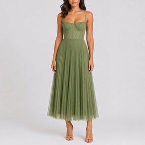 Women's Fall Wedding Guest Pleated Tulle Midi Dress Sweetheart Bodice