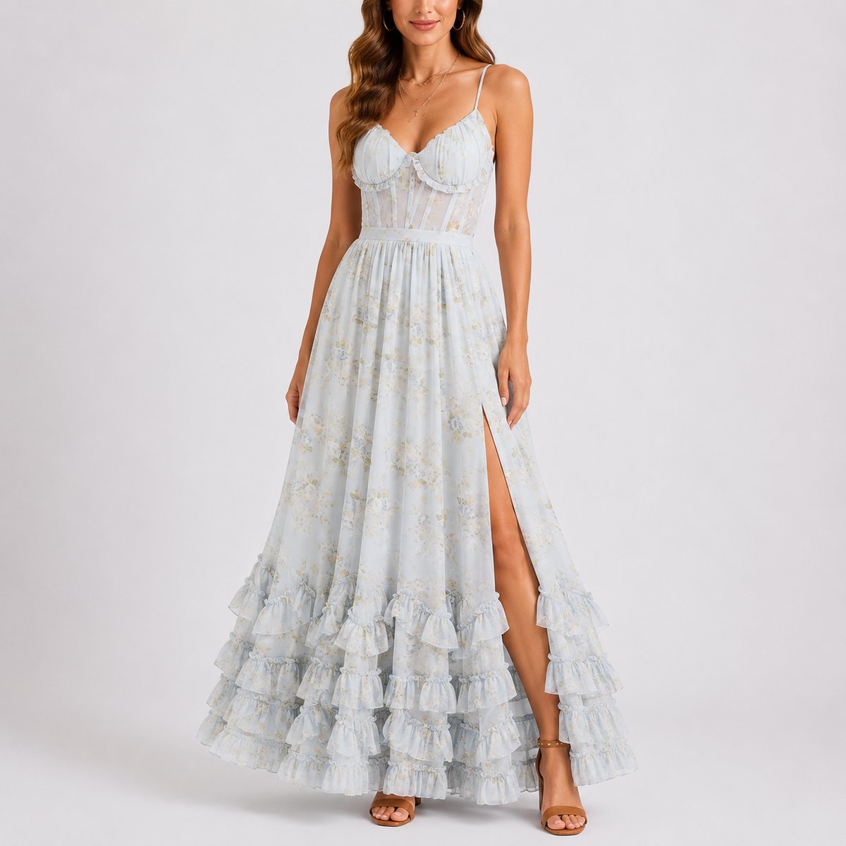 Women's Floral Corset Sweetheart Maxi Dress with Ruffle Hem
