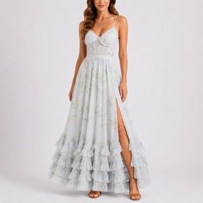 Women's Floral Corset Sweetheart Maxi Dress with Ruffle Hem