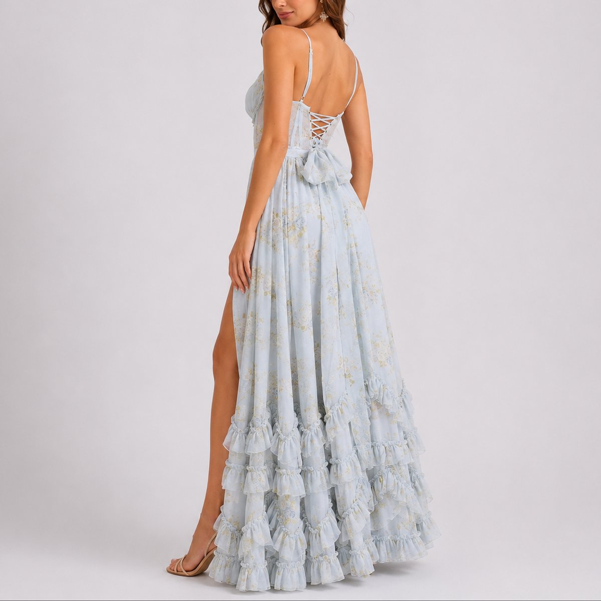Women's Floral Corset Sweetheart Maxi Dress with Ruffle Hem