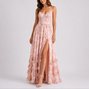 Women's Floral Corset Sweetheart Maxi Dress with Ruffle Hem