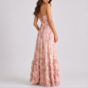 Women's Floral Corset Sweetheart Maxi Dress with Ruffle Hem
