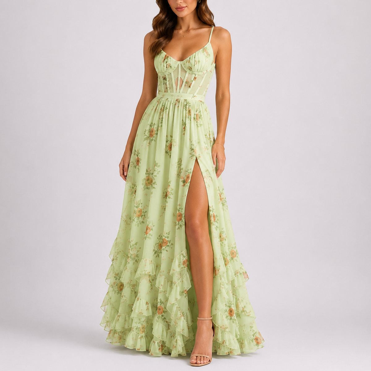 Women's Floral Corset Sweetheart Maxi Dress with Ruffle Hem