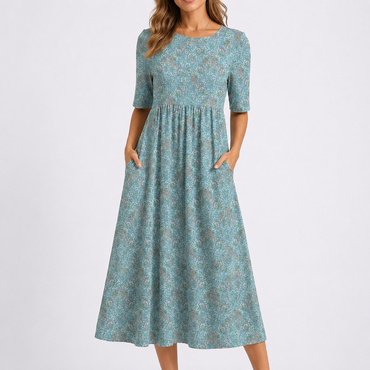 Women's Floral Midi Dress with Pockets Gathered Waist Elbow Sleeve