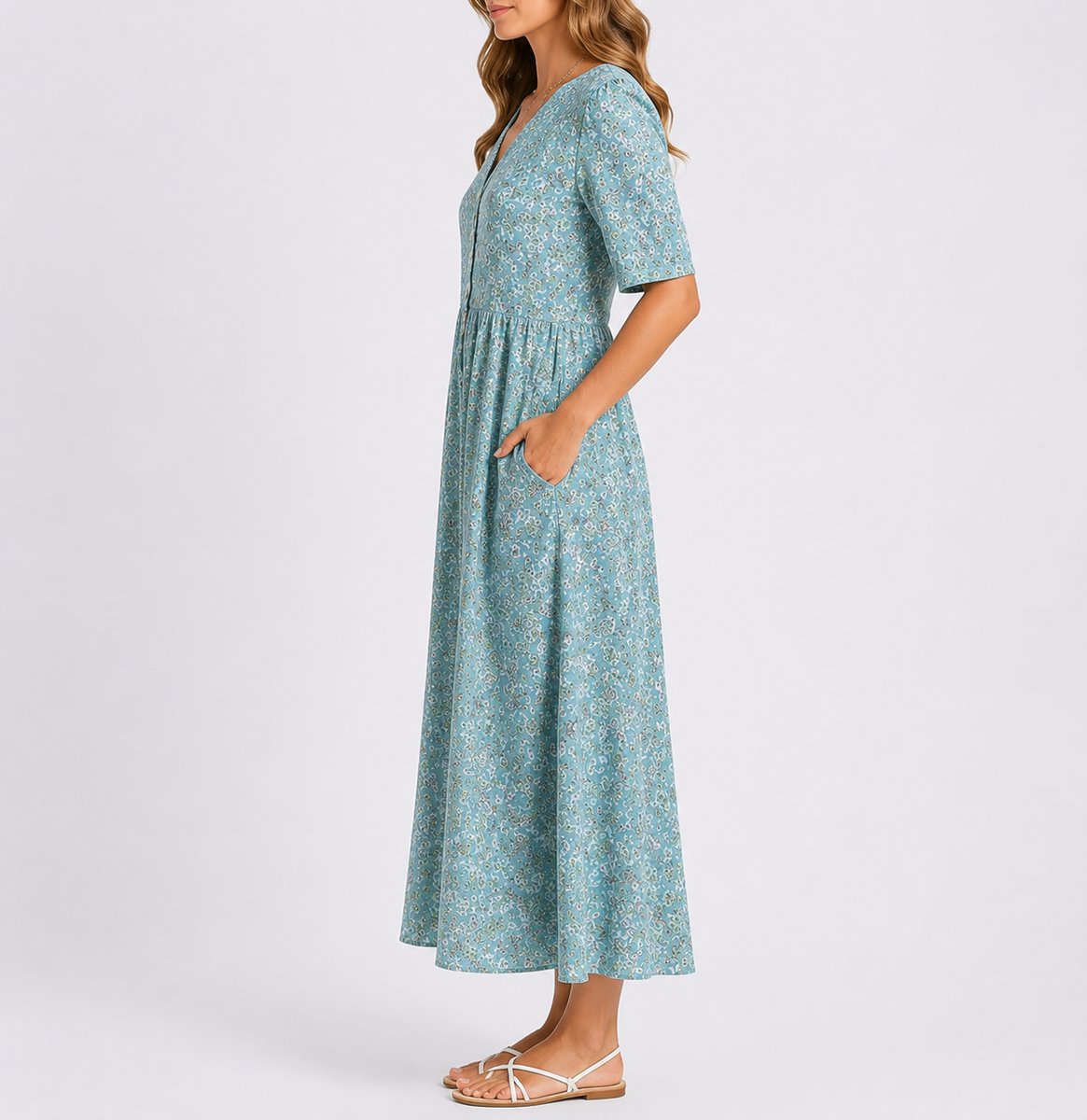 Women's Floral Midi Dress with Pockets Gathered Waist Elbow Sleeve