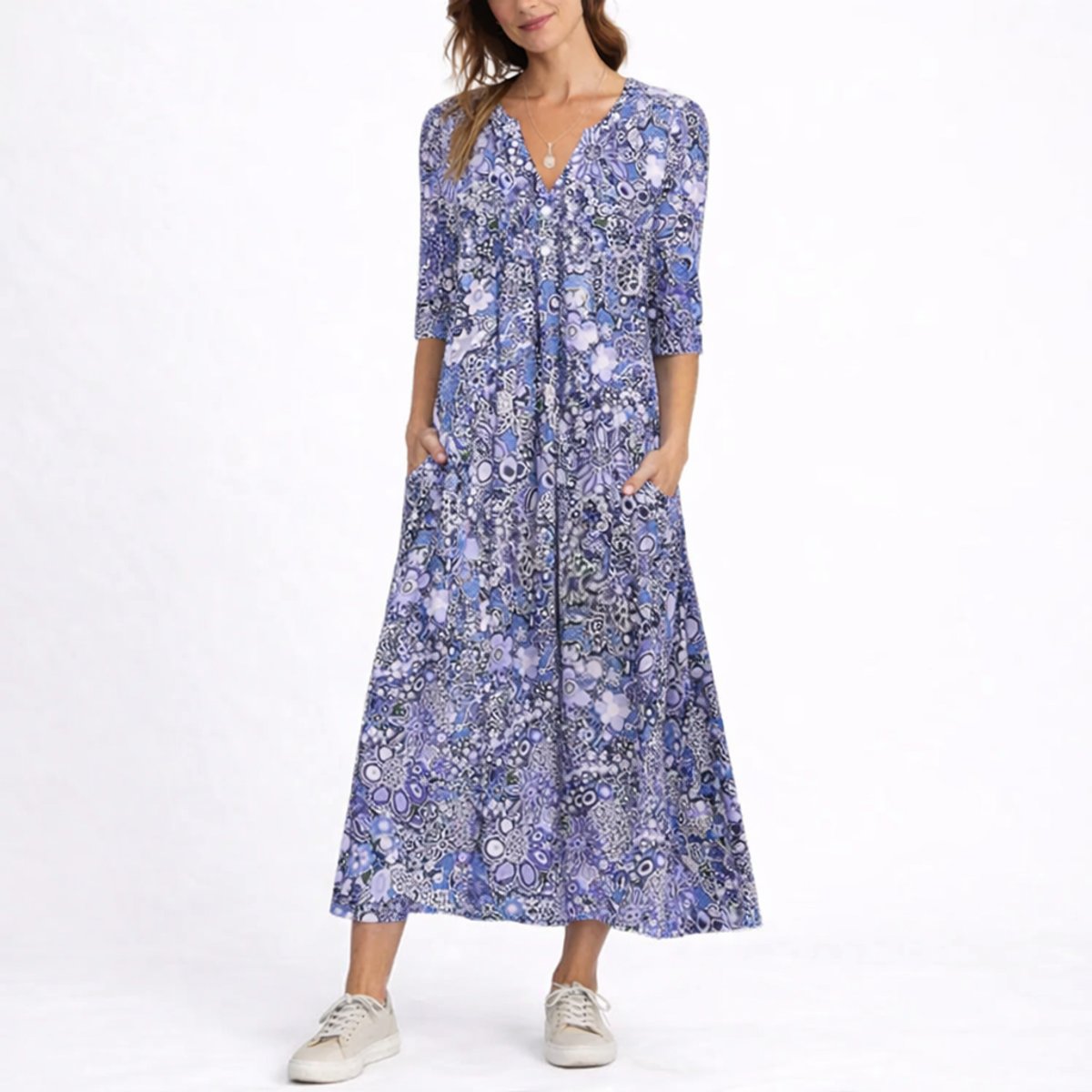 Women's Floral Midi Fall Wedding Guest Dress V-Neck Three-Quarter Sleeve
